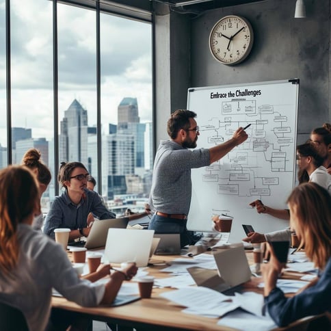 A bustling office environment is depicted, with a diverse group of employees engaged in intense discussions around a large table cluttered with papers