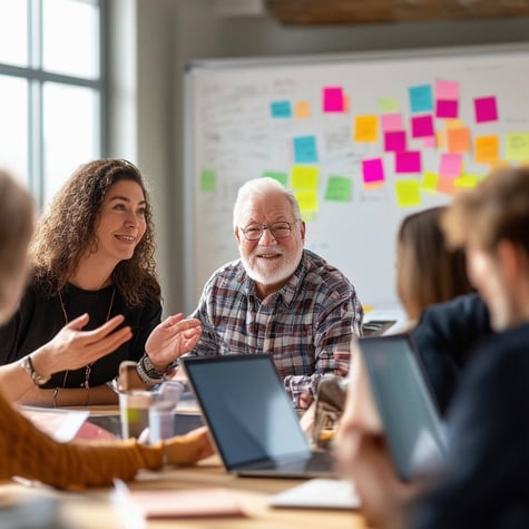 A lively community center meeting room filled with a diverse group of volunteers gathered around a large oval table