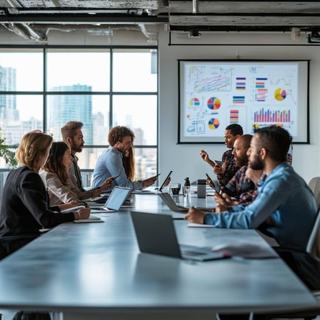 A modern office space filled with diverse professionals engaged in a strategic planning session