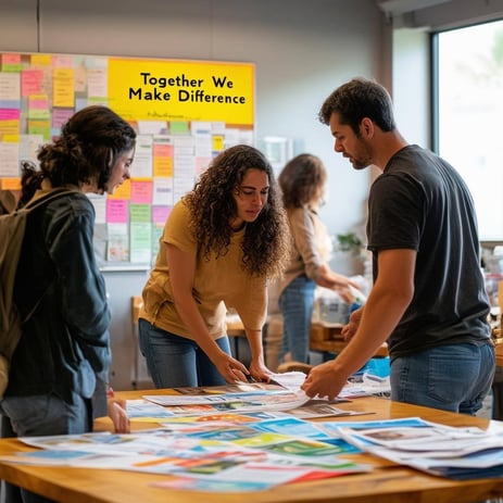 A vibrant community center bustling with activity, filled with diverse volunteers engaged in various tasks