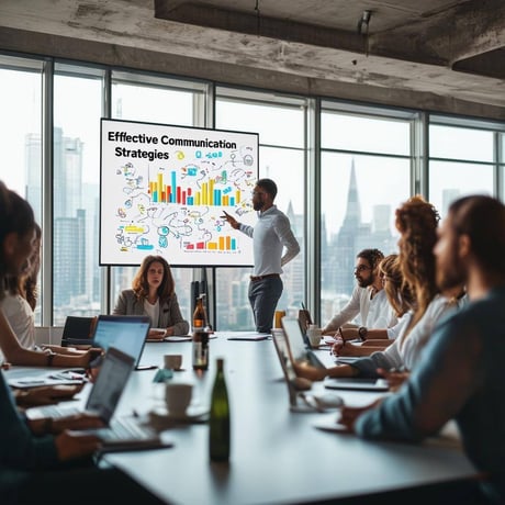 In a modern office setting, a diverse team of professionals is gathered around a sleek conference table, engaged in a dynamic discussion