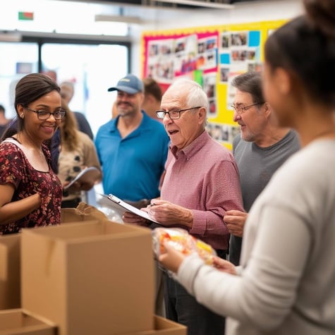 The image captures a bustling community center, filled with volunteers engaged in various activities