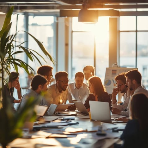 The image captures a bustling office space filled with employees engaged in various tasks