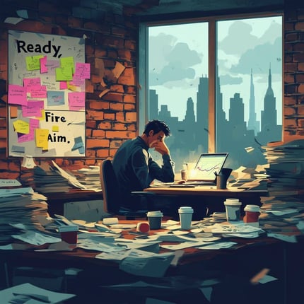 The image captures a dimly lit office space cluttered with papers, coffee cups, and empty takeout containers, indicative of a chaotic startup environm
