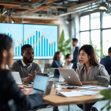 The image depicts a bustling corporate office environment, filled with natural light streaming through large windows