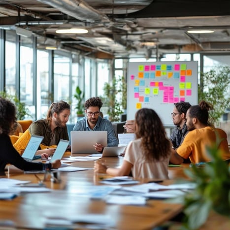 The image depicts a bustling modern office environment filled with diverse employees engaged in a collaborative meeting