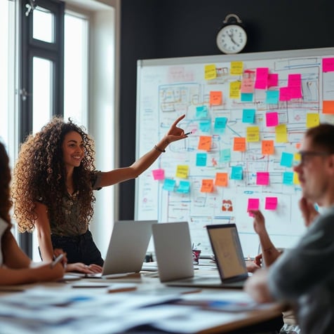 The image depicts a bustling office environment filled with diverse professionals engaged in a lively brainstorming session