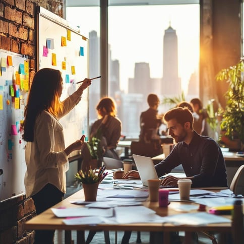 The image depicts a bustling office space filled with diverse individuals engaged in various activities