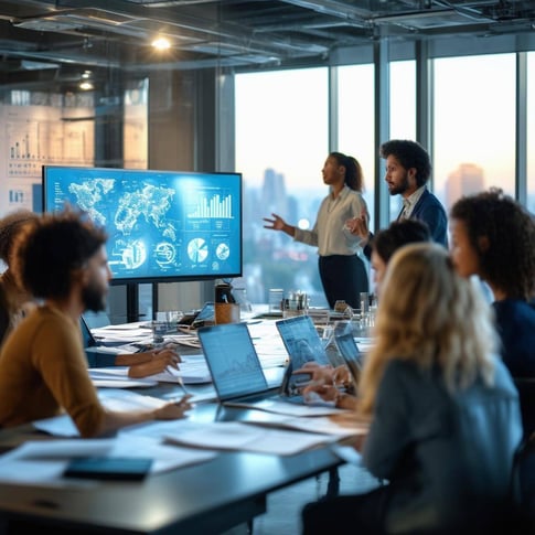The image depicts a bustling office space, filled with diverse professionals engaged in intense discussions
