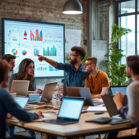 The image depicts a bustling startup office environment