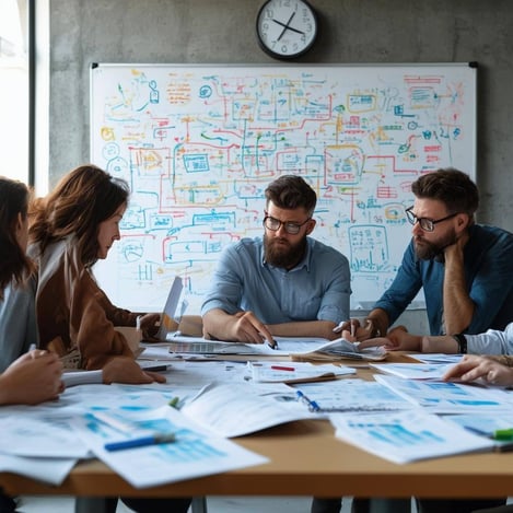 The image depicts a chaotic office environment filled with scattered financial documents and reports