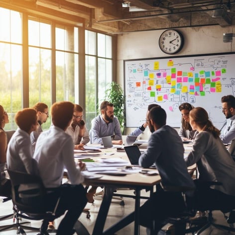 The image depicts a diverse group of business professionals engaged in a dynamic brainstorming session around a large conference table