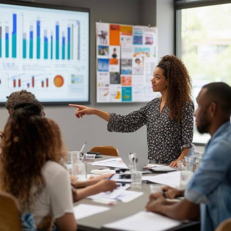 The image depicts a diverse group of individuals gathered around a large table in a bright, modern conference room