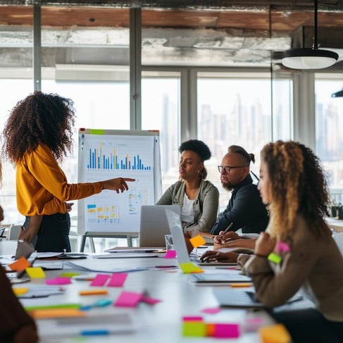 The image depicts a diverse group of individuals gathered around a large table in a brightly lit conference room, engaged in a discussion