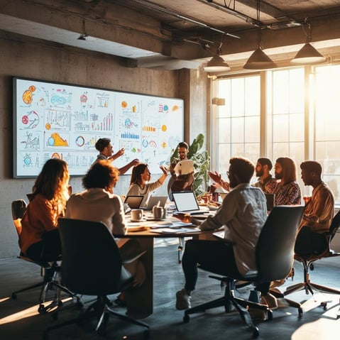 The image depicts a modern conference room filled with diverse individuals engaged in a strategic planning session