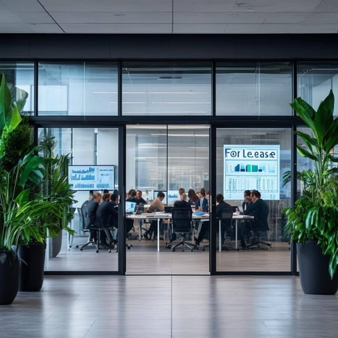 The image depicts a modern office building, its sleek glass facade reflecting the surrounding cityscape under a cloudy sky