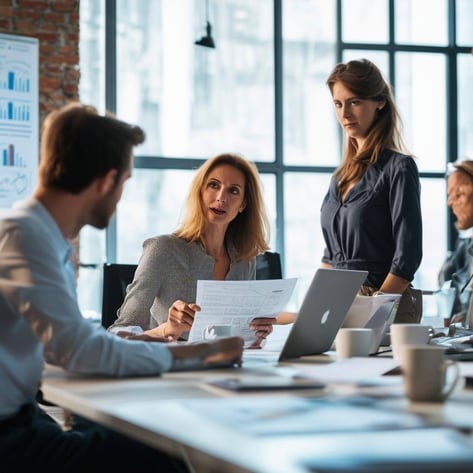 The image depicts a modern office environment bustling with activity