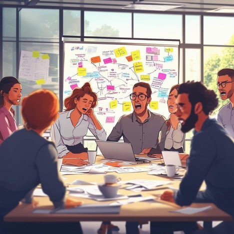 The image depicts a modern office environment filled with a palpable sense of urgency and tension