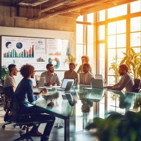 The image depicts a modern office environment filled with sleek technology and collaborative workspaces