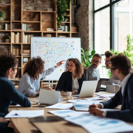 The image depicts a modern office environment with a large conference table at the center, surrounded by diverse entrepreneurs engaged in a lively dis