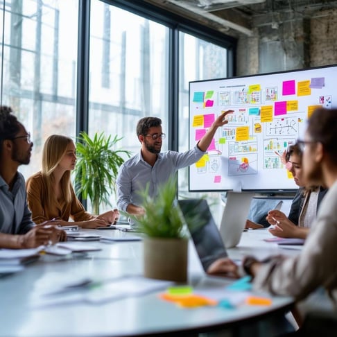 The image depicts a modern office environment, filled with natural light streaming through large glass windows