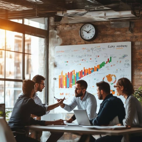 The image depicts a modern office environment, where a diverse team of professionals is engaged in a brainstorming session