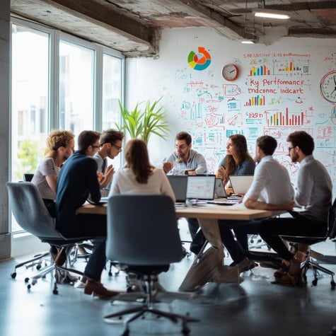 The image depicts a modern office space bustling with activity-1