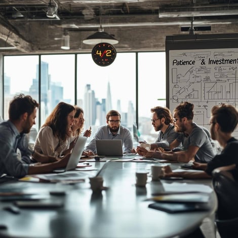 The image depicts a modern office space bustling with activity-2