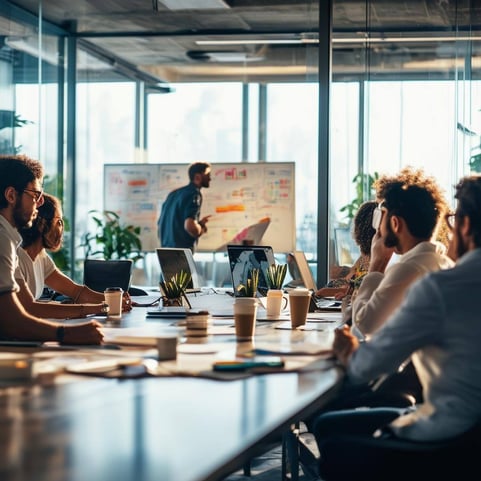 The image depicts a modern office space bustling with activity