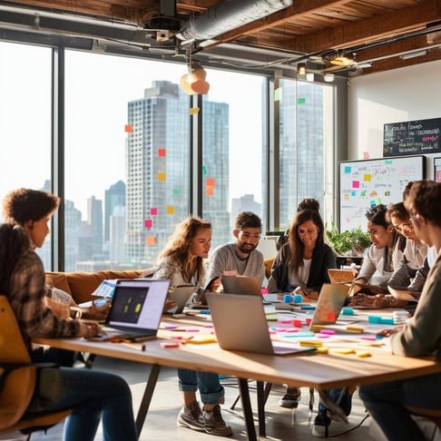 The image depicts a modern startup office space filled with natural light