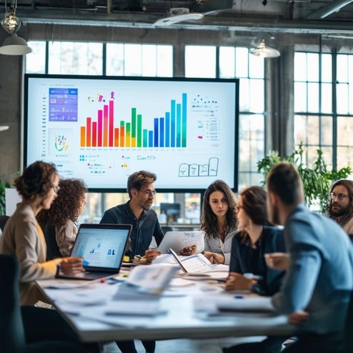 The image depicts a sleek, modern office environment bustling with activity