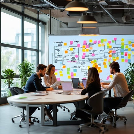 The image depicts a sleek, modern office space filled with natural light streaming through large windows