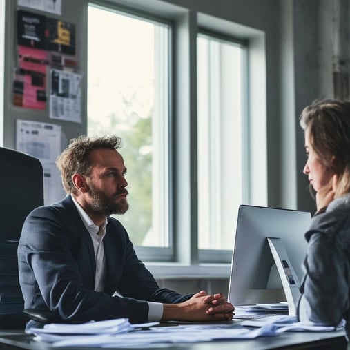 The image depicts a tense office environment, with a central figure—a sternlooking manager—sitting at a sleek, modern desk cluttered with paperwork an