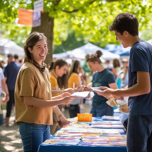 The image depicts a vibrant community gathering at a nonprofit organization, showcasing a diverse group of volunteers engaged in various activities