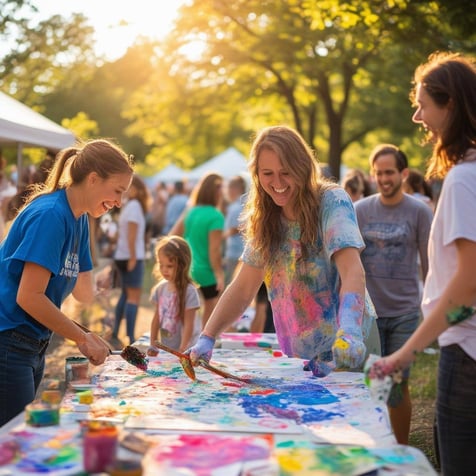 The image depicts a vibrant community gathering in a sunlit park, filled with a diverse group of enthusiastic volunteers engaged in various activities