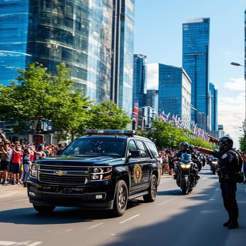 The image depicts a vibrant, bustling city street during a sunny day, where a sleek and polished black SUV leads a convoy of vehicles