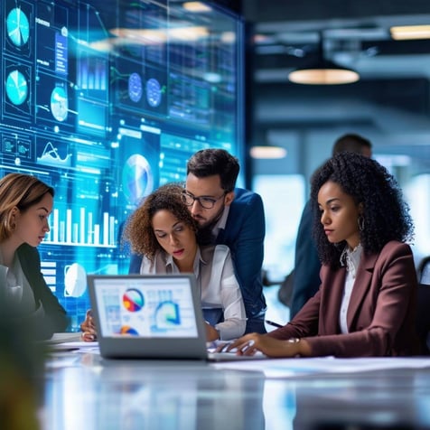 The image features a bustling office environment filled with diverse professionals engaged in discussions around a large conference table-1