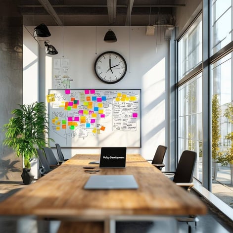 The image features a modern office space, designed with sleek, minimalist aesthetics