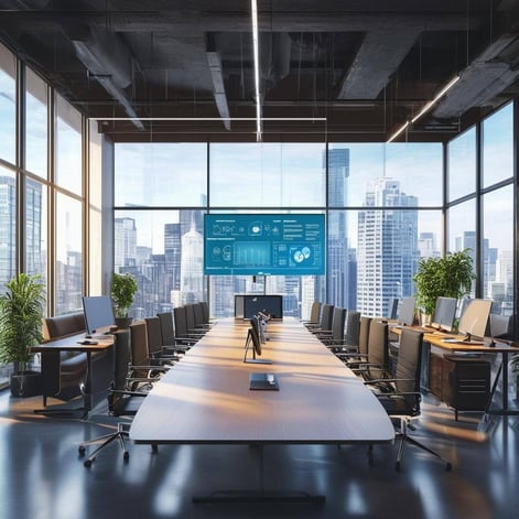 The image features a modern, sleek office space bathed in natural light, with large windows showcasing a vibrant cityscape outside