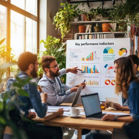The image features a vibrant office setting with a large whiteboard displaying colorful charts and graphs related to key performance indicators KPIs f