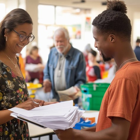 The image portrays a bustling community center filled with diverse volunteers engaged in various activities