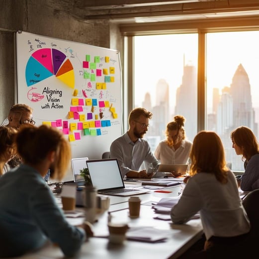 The image portrays a bustling office environment bathed in warm afternoon light